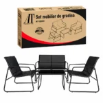 Set Mobilier de Grădină , 4 Piese, Canapea 2 Locuri, 2 Fotolii și Măsuță, Cadru Metalic