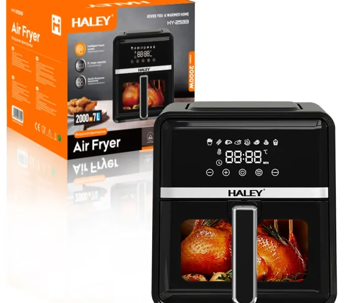 Friteuză cu Aer Cald HALEY 7L, 2000W – Gătire 360°, Touchscreen Holografic, Geam Vizualizare 180°, 8 Programe, Fără Ulei | Gătit Sănătos și Crocant