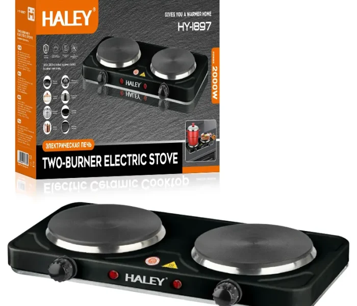 Plită Electrică HALEY cu 2 Zone de Gătit – 2000W, Timer, Protecție la Supraîncălzire, Design Inoxidabil Elegant, Negru