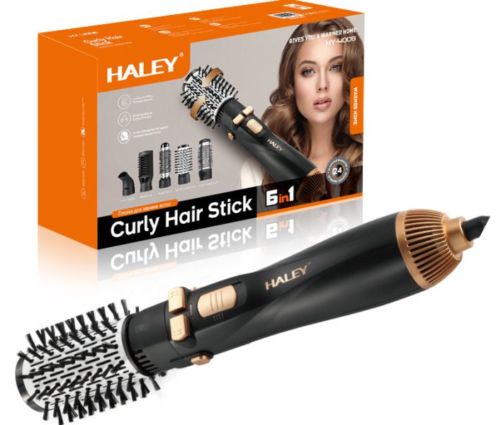 Perie Rotativă cu Uscător HALEY 6 în 1, 1200W, Capete Interșchimbabile, 3 Trepte, Încălzire Rapidă, Protecție Păr, Design Negru