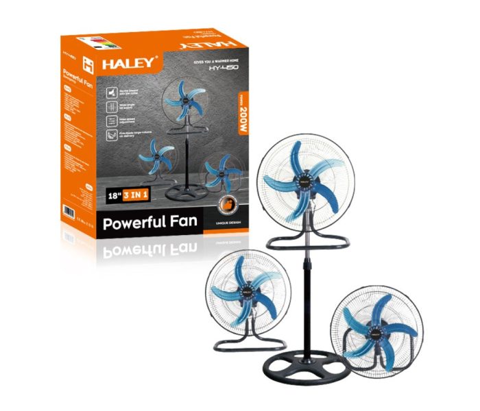 Ventilator 3 în 1 HALEY, 200W, 45cm, Podea / Perete / Stativ, 3 Viteze, Oscilație, Înălțime Reglabilă până la 155cm
