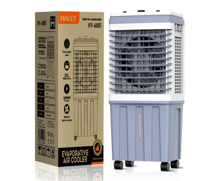 Răcitor de Aer Portabil HALEY, 2000W, Rezervor 25L, 3 Viteze, 2 Cutii Gheață, Debit 6000 m³/h, Alb/Gri, Control Mecanic